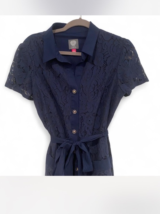 VINCE CAMUTO NAVY LACE SHORT SLEEVE TIE WAIST BUTTON DOWN SHIRTDRESS SIZE 10 - Picture 2 of 5